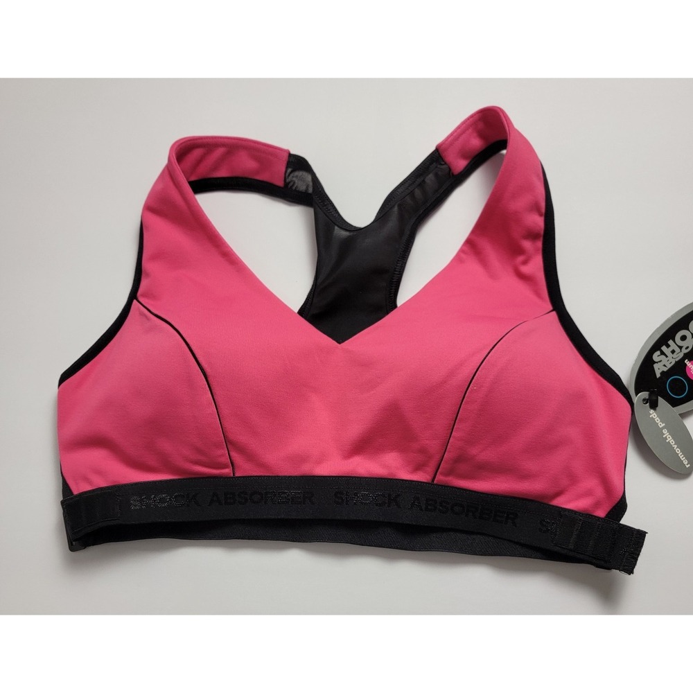 Shock Absorber Plunge Sport Bra 34C PINK Medium Support Removable Pads Workout